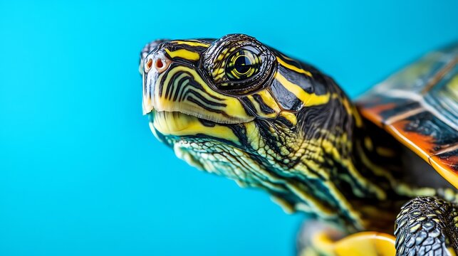 A turtle with a patterned shell walks on a blue background.