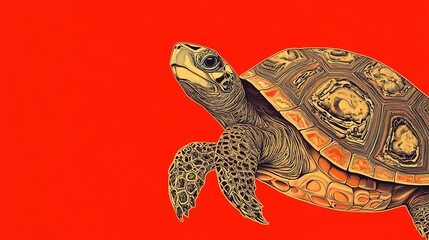 Fototapeta premium A detailed illustration of a turtle with a patterned shell on a red background.