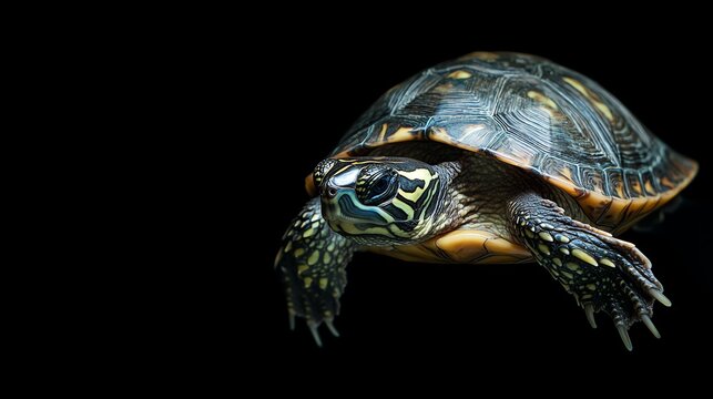 A turtle with a beautiful shell pattern crawls slowly on a black background.