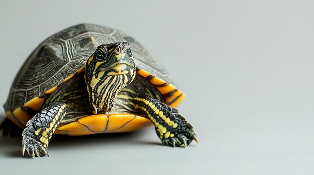 A turtle with a patterned shell is on a grey background.