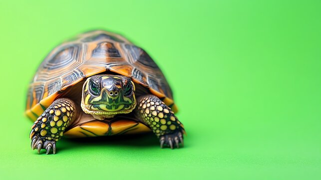A small turtle with a patterned shell walks on a green background.