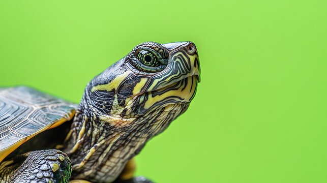 A turtle with a patterned shell walks on a green background.