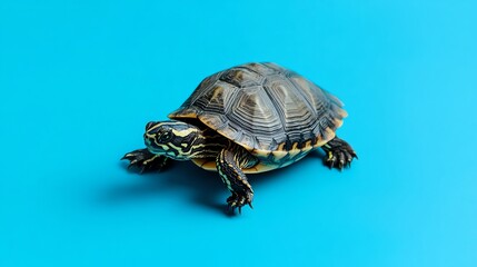 A turtle with a patterned shell on a blue background.