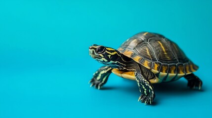 A turtle with a patterned shell walks on a blue background.