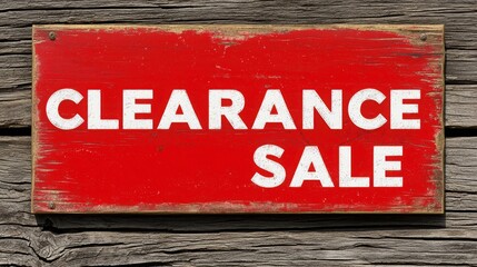 Naklejka premium Bold red clearance sale sign on wooden background, perfect for advertising promotions and discounts in retail settings.