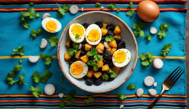 Bolivian Tunta Phuti &ndash; Dried Potato and Egg Salad with Fresh Garnish (Bolivian Cuisine)