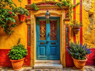 Close-up on vibrant Greek doorway, textures and colors abound.