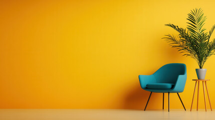 Fototapeta premium vibrant blue chair complements bright yellow wall, creating cheerful atmosphere. small side table with plant adds touch of nature to modern decor