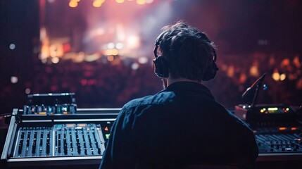 A sound technician monitoring audio levels from a control booth, ensuring an immersive concert experience for the audience.