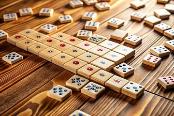 Colorful Rummikub tiles scattered on a wooden floor, numbers promise strategic play.