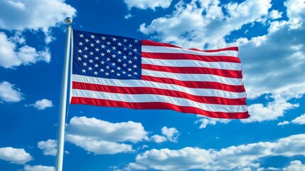 Obraz premium Zoomed-in American flag on a flagpole with dramatic sky in the background, vivid colors, texture of fabric visible