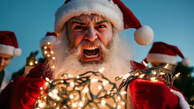 A Caucasian man dressed as Santa Claus is humorously frustrated with tangled Christmas lights, capturing holiday stress and Christmas festivities