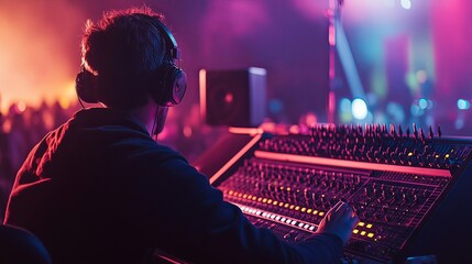 A sound technician monitoring audio levels from a control booth, ensuring an immersive concert experience for the audience.