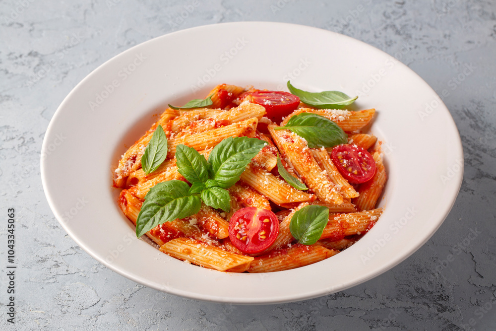 Wall mural Classic italian pasta penne alla arrabiata with basil and freshly grated parmesan cheese on dark table. Penne pasta with chili sauce arrabbiata.