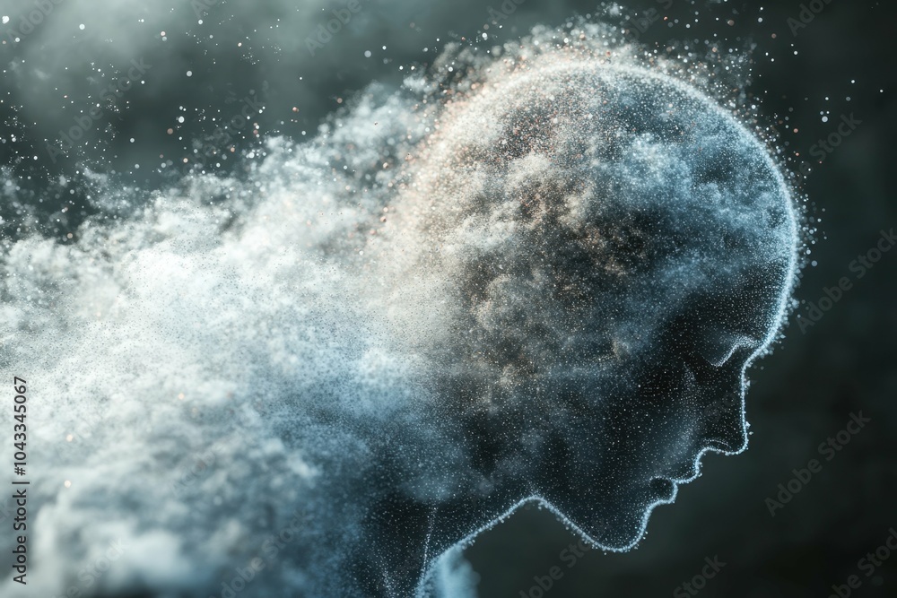 Aufkleber digital data flow. abstract human face dissolving into particles, futuristic digital art for technol