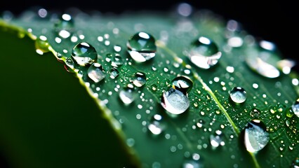 Macro Shot of Shimmering Water Droplets Resting on a Textured Green Leaf, Reflecting Nature's Pure Elegance (75)