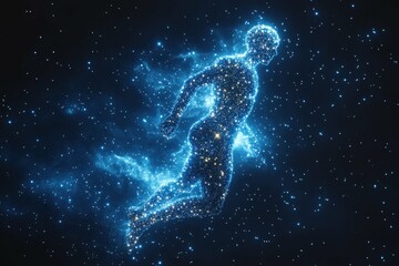 A human silhouette made of stars, floating in space, symbolizing the connection to the universe without religious connotation