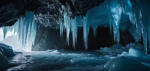A stunning ice cave with icicles hanging from the ceiling, glowing with a bluish tint from the sunlight filtering through the ice