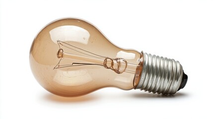 Incandescent light bulb unlit lying on its side against a white background