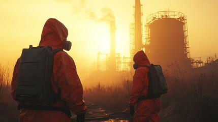 Two individuals in hazmat suits walk through an abandoned industrial area, with large decaying structures, highlighting a hazardous and contaminated scene.