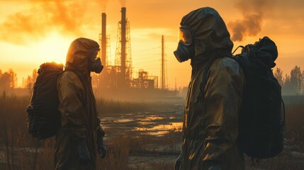 Two individuals in hazmat suits walk through an abandoned industrial area, with large decaying structures, highlighting a hazardous and contaminated scene.