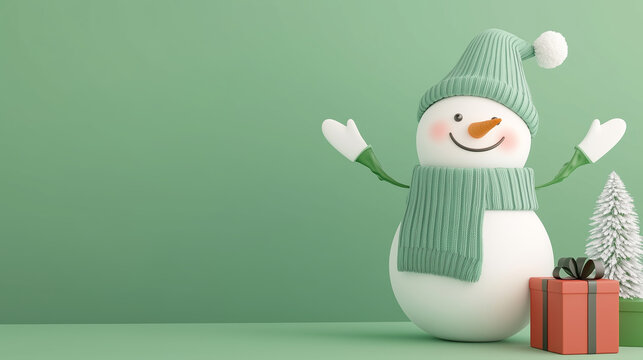 3d snowman character, christmas tree, christmas gift, green background