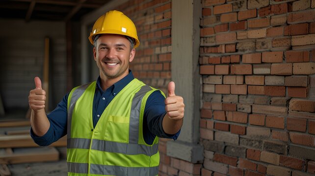 The skilled bricklayer, wearing a hard hat and safety vest, gave a confident thumbs up, showcasing his good and professional work in construction, symbolizing quality craftsmanship and dedication.