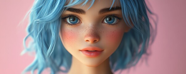 Obraz premium 3D girl character closeup, focusing on expressive features and detailed hairstyle, vibrant colors, emphasizing personality and charm