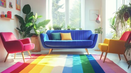 Rainbow Living Room: Vibrant and cheerful living room interior design with colorful furniture and rainbow rug. Perfect for blogs, magazines, and home decor websites.