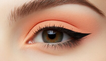 Obraz premium Close-up of a Woman's Eye with Peachy Eye Shadow and a Dramatic Winged Eyeliner.