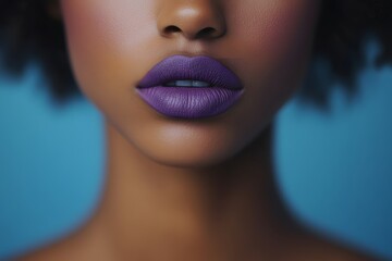 Close-up of a model with bold matte lipstick in purple and soft lighting