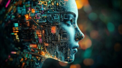 Futuristic profile of artificial intelligence merging human and machine, illuminated by vibrant circuit patterns, symbolizing the dawn of advanced AI technology.