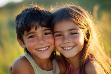 Fototapeta premium Close-up portrait of two siblings, brother and sister, smiling together