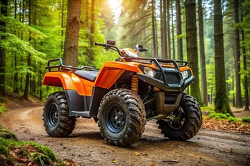 Robust orange ATV for rough terrain exploration in the forest