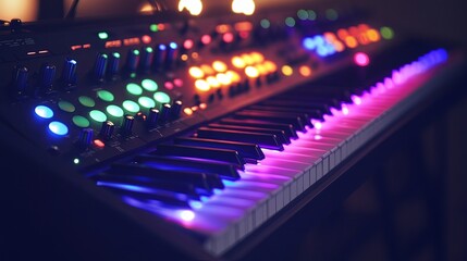 A synthesizer with colorful LED lights, ready for electronic music production.