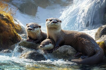 Obraz premium Family of otters playing on rocks near a crystal-clear mountain stream with a waterfall in the background