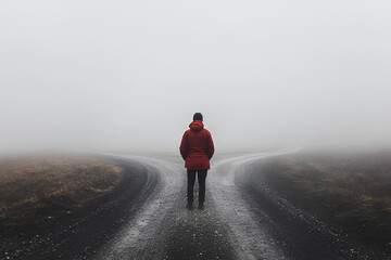 Person in a red jacket stands on a road with a foggy sky above