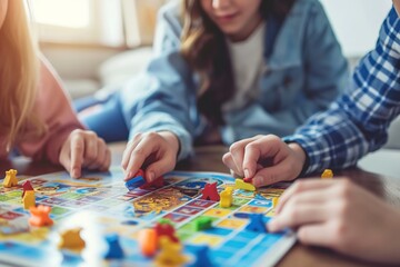 Fototapeta premium Family playing board games in a bright living room on the weekend