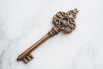 Naklejka premium Vintage key with intricate design, lying flat on a white background