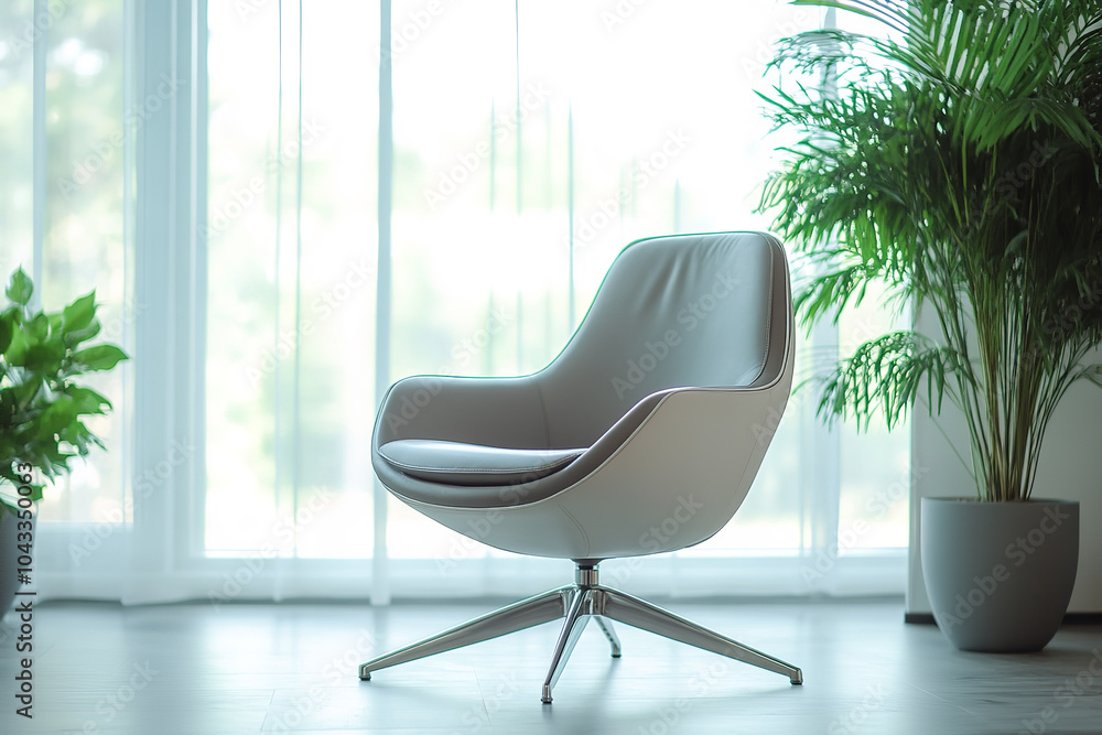 Poster Stylish Swivel Chair in a Bright Office with Minimalistic Decor  