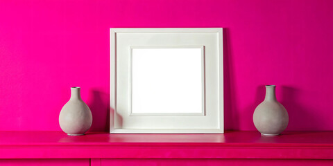 Empty picture frame, plant pot, Pink wall background
