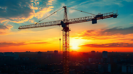 Construction Crane Silhouette Against a Vibrant Sunset Sky