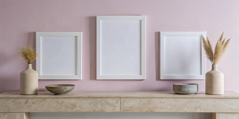 Empty picture frame, plant pot, Three empty picture frames, cement background, cement counter Light pink walls No.0066