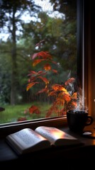 A steaming cup of coffee on a windowsill with an open book and autumn leaves outside.
