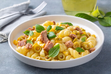 Italian Tuna conchiglie pasta with green beans, olives and red onion. Healthy diet food