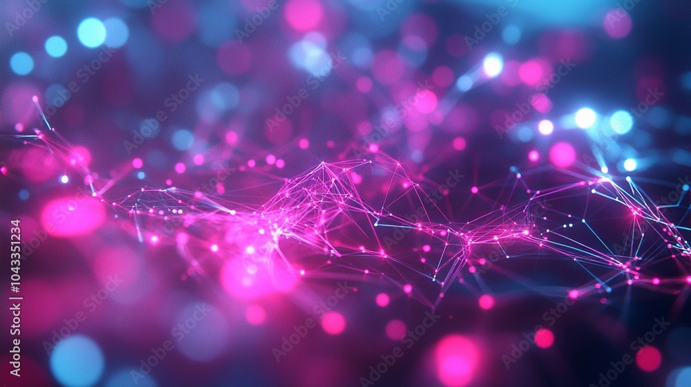 Wall mural abstract digital network visualization with glowing pink and blue nodes interconnected by light stra