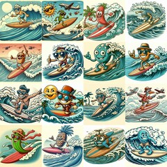 Cartoon surf on waves. AI generated illustration