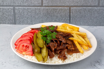 Meat doner menu, iskender menu on plate, turkish special meat doner, food, special menu (Turkish...