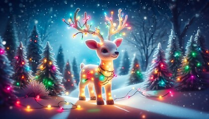 Whimsical reindeer with glowing antlers and colorful Christmas lights, standing in snowy forest