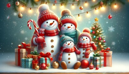 Christmas card featuring snowman family in scarves and hats, surrounded by presents and holiday lights